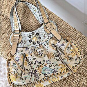 Vintage 2000s GUESS Hobo Shoulder Bag Floral Canvas Croc Suede Trim Studs G Logo